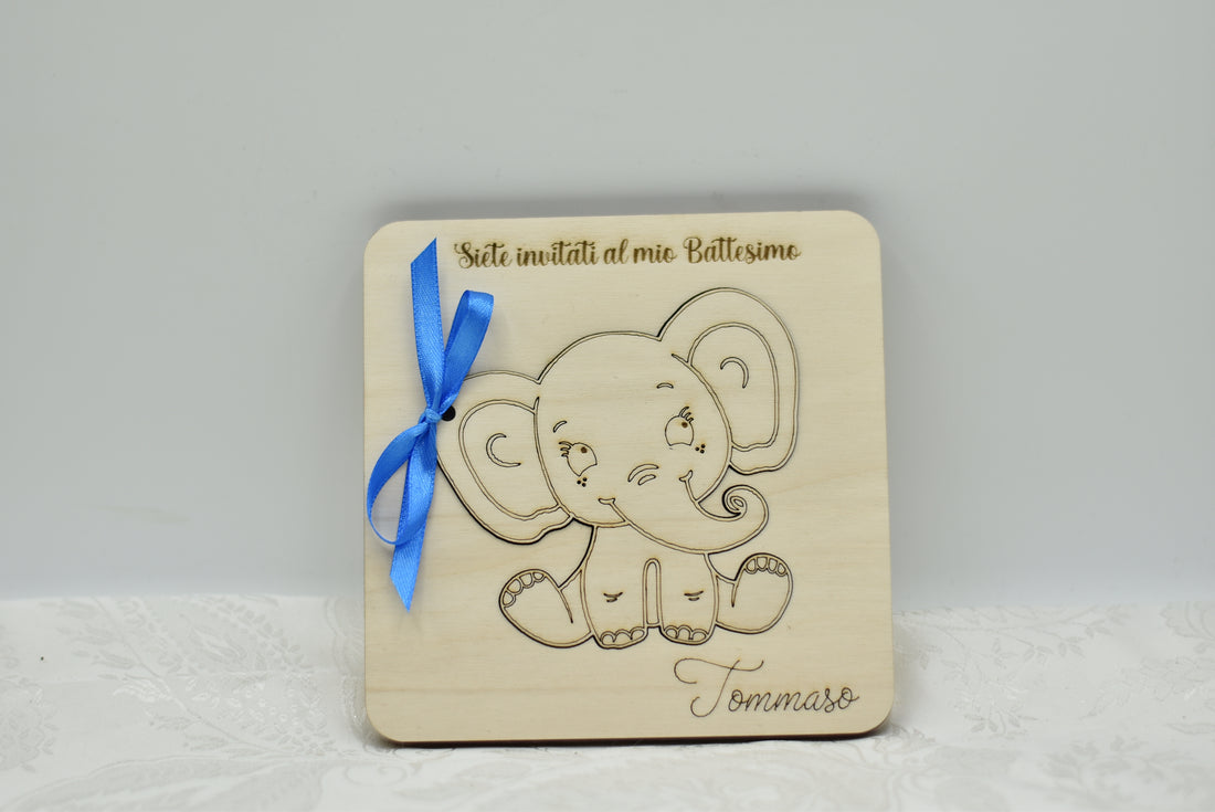 Invito in legno tema elefantino per nascita battesimo compleanno Idea's Cottage