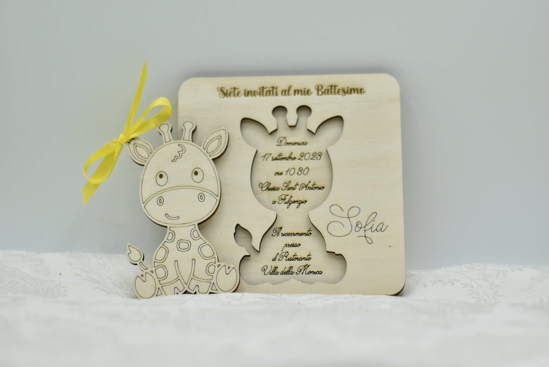 Invito in legno tema Giraffa per nascita battesimo compleanno Idea's Cottage