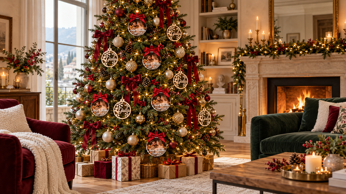oggiorno natalizio con albero decorato in burgundy, verde e avorio.
