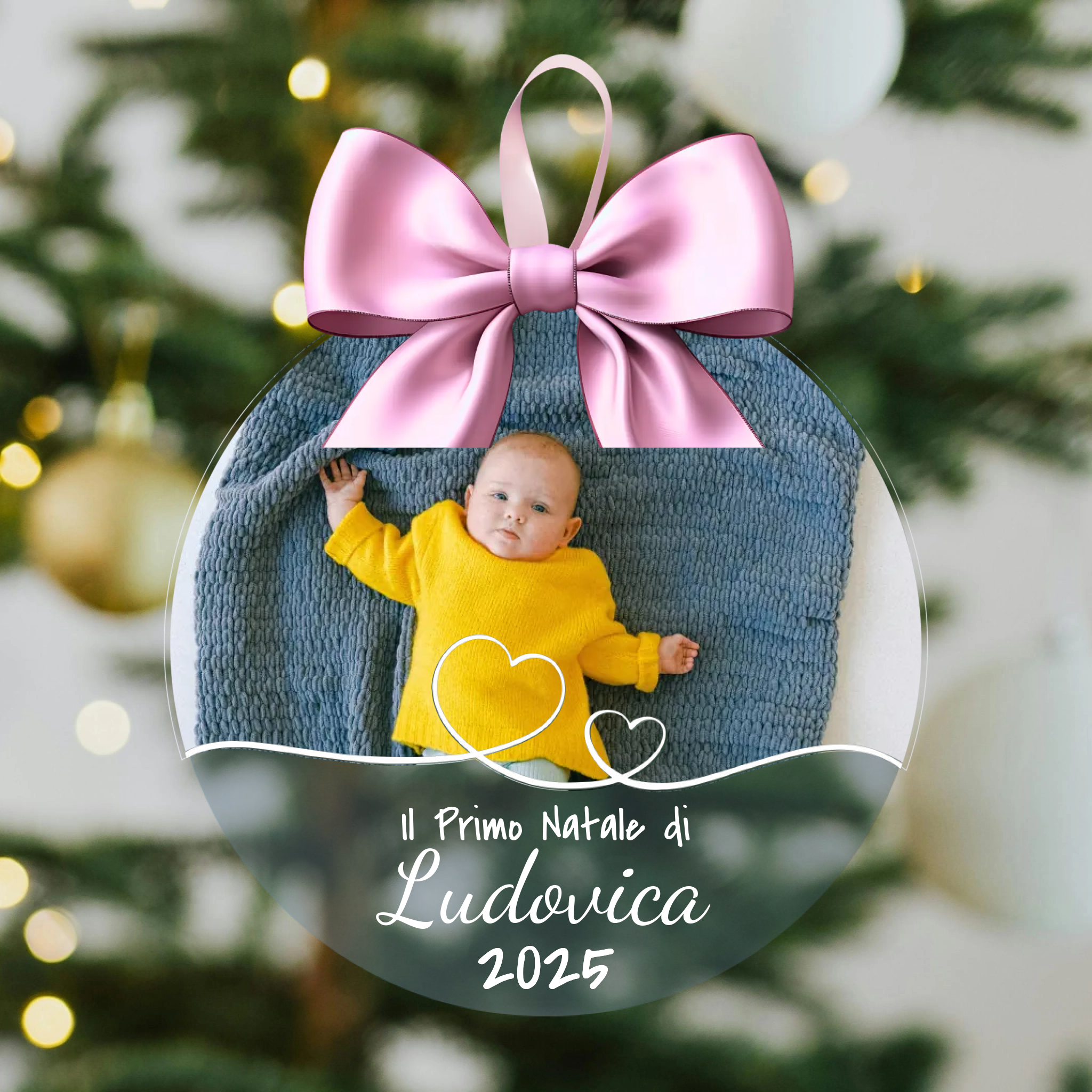 Pallina di Natale in Plexiglass, Decorazione Natalizia Personalizzata con Foto e Cuori Lineart – Idea Addobbo per l’Albero, Regalo Primo Natale, Nascita, Neo Genitori 