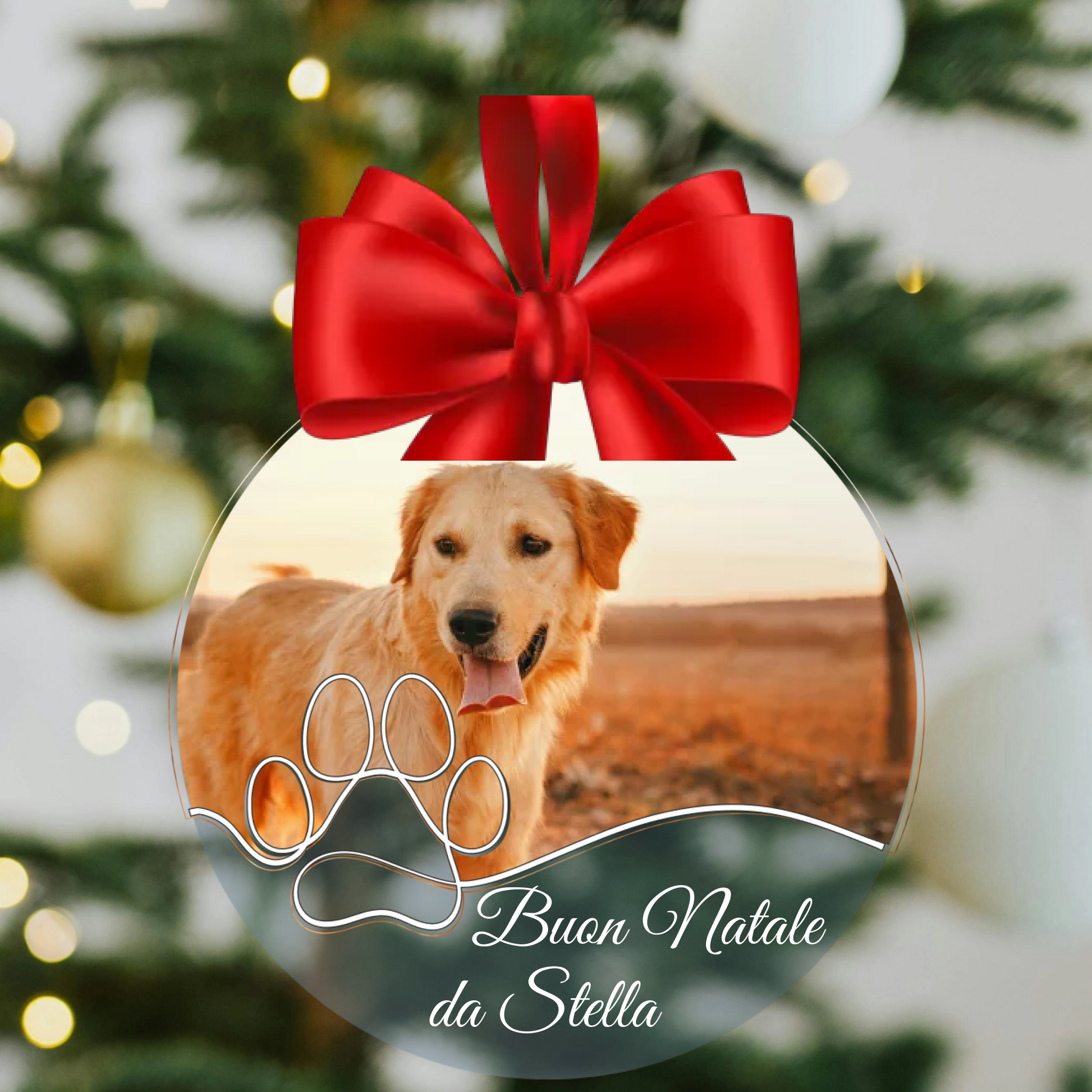 Pallina di Natale in Plexiglass, Decorazione Natalizia Personalizzata con Foto Cane o Gatto e Zampa lineart – Idea Addobbo per l’Albero, Regalo Natale 
