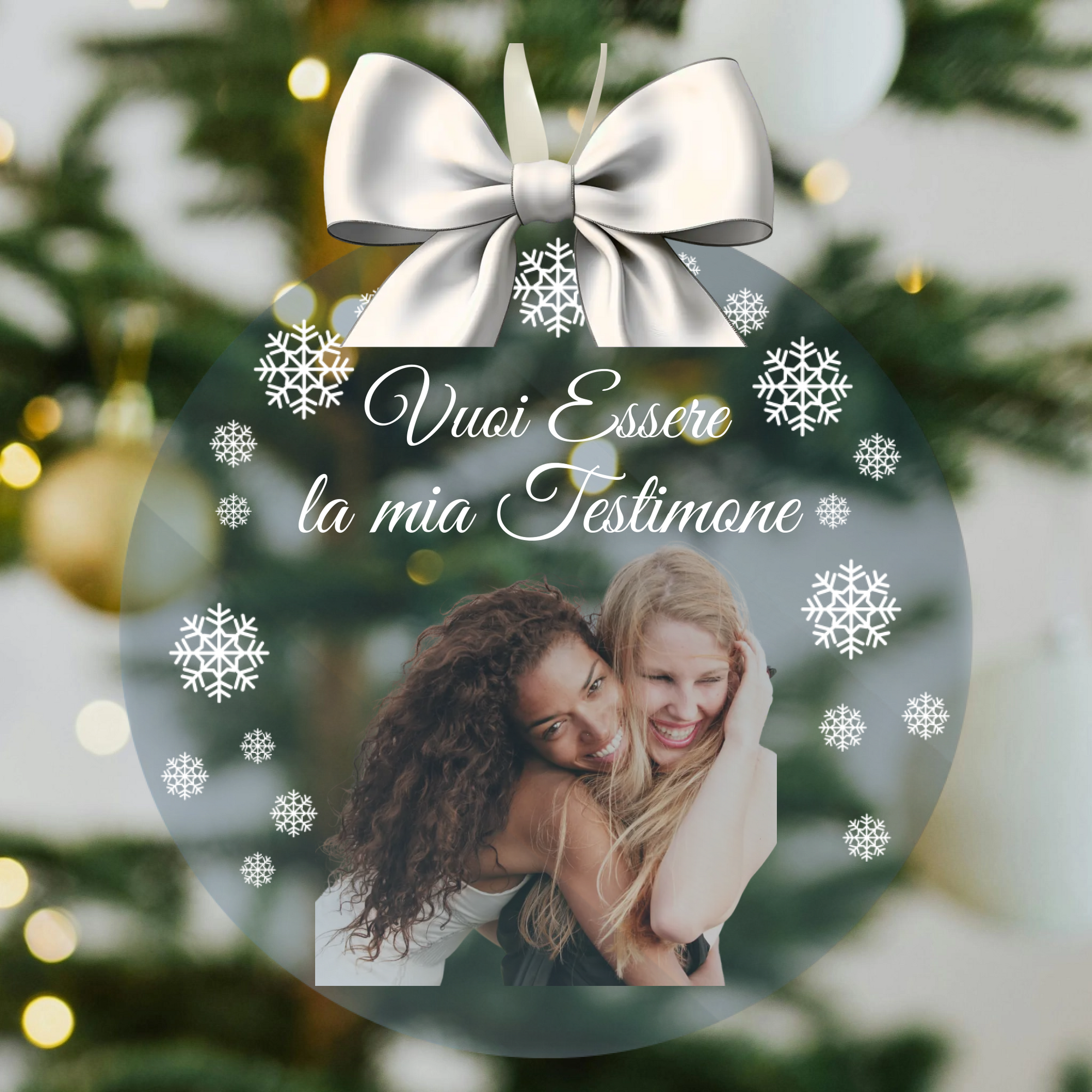 Pallina di Natale in Plexiglass, Decorazione Natalizia Personalizzata con Foto e Fiocchi di Neve “Vuoi Essere la Mia Testimone?” – Idea Addobbo per l’Albero, Regalo Natale Testimone di Nozze 