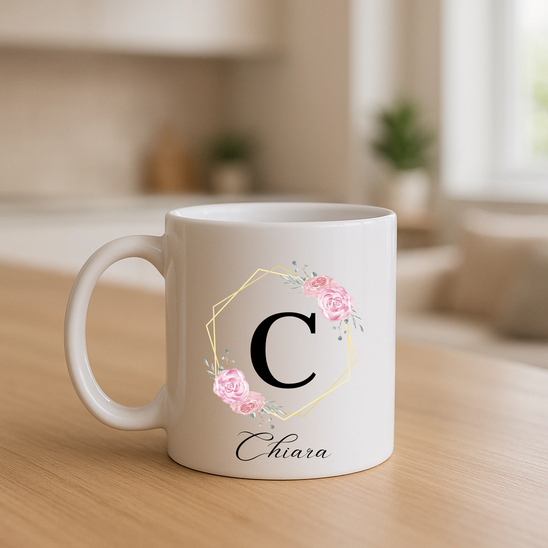Tazza Personalizzata con Fiori, Lettera e Nome 