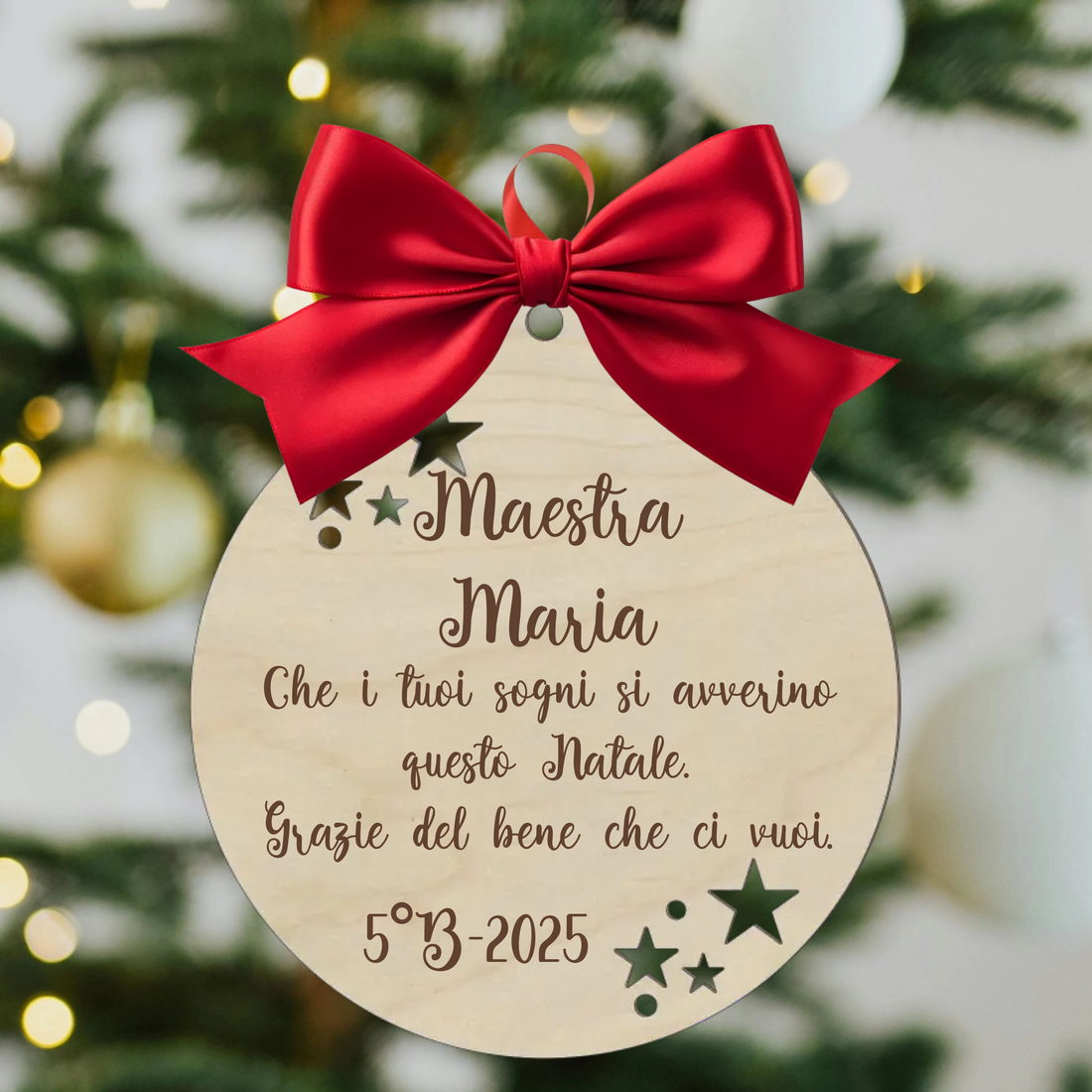 Pallina di Natale in Legno Personalizzata con Nome, Dedica e Stelline – Idea Regalo di Natale per la Maestra 