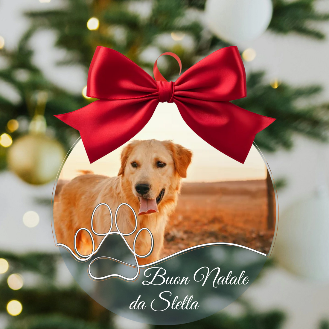 Pallina di Natale in Plexiglass, Decorazione Natalizia Personalizzata con Foto Cane o Gatto e Zampa lineart – Idea Addobbo per l’Albero, Regalo Natale 