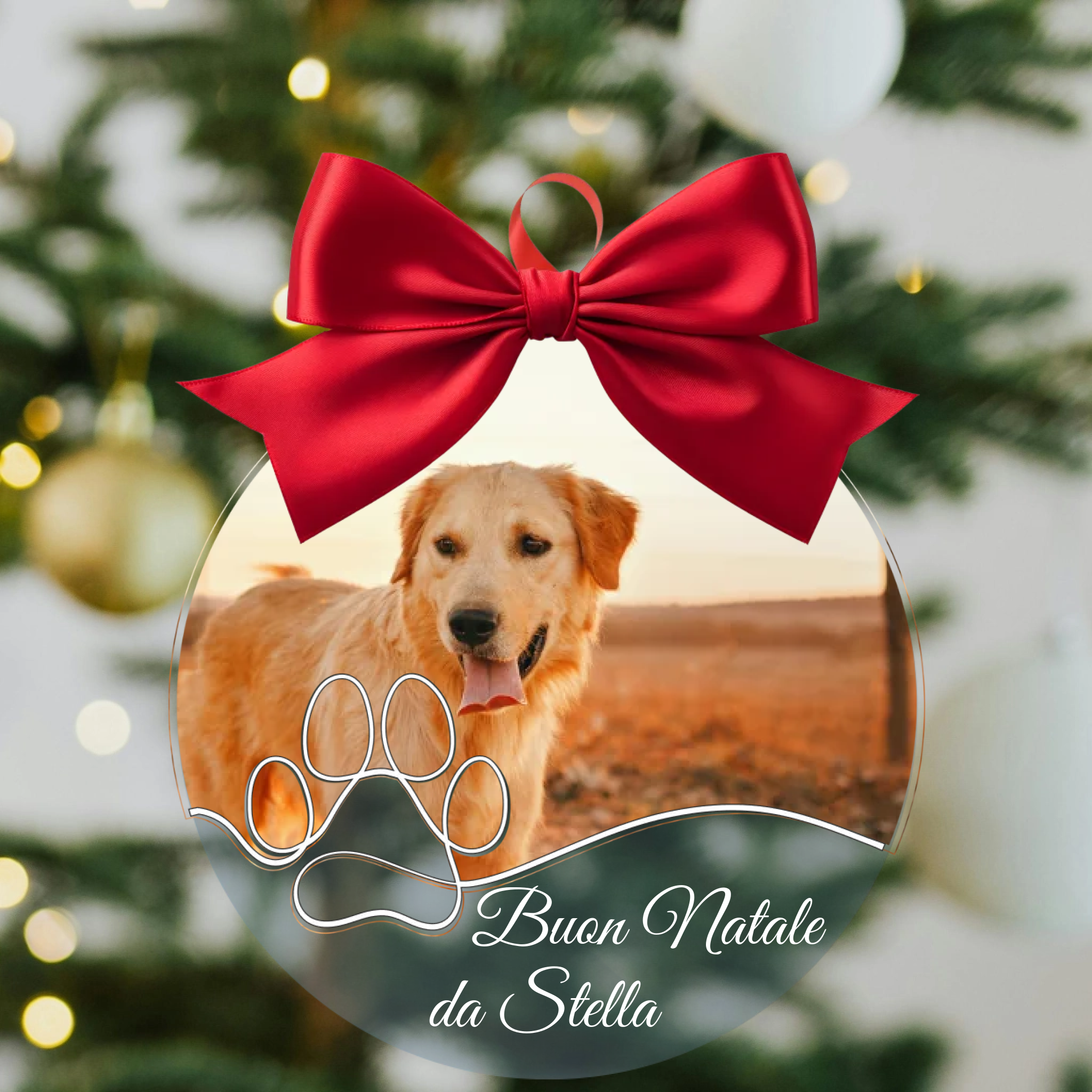 Pallina di Natale in Plexiglass, Decorazione Natalizia Personalizzata con Foto Cane o Gatto e Zampa lineart – Idea Addobbo per l’Albero, Regalo Natale 