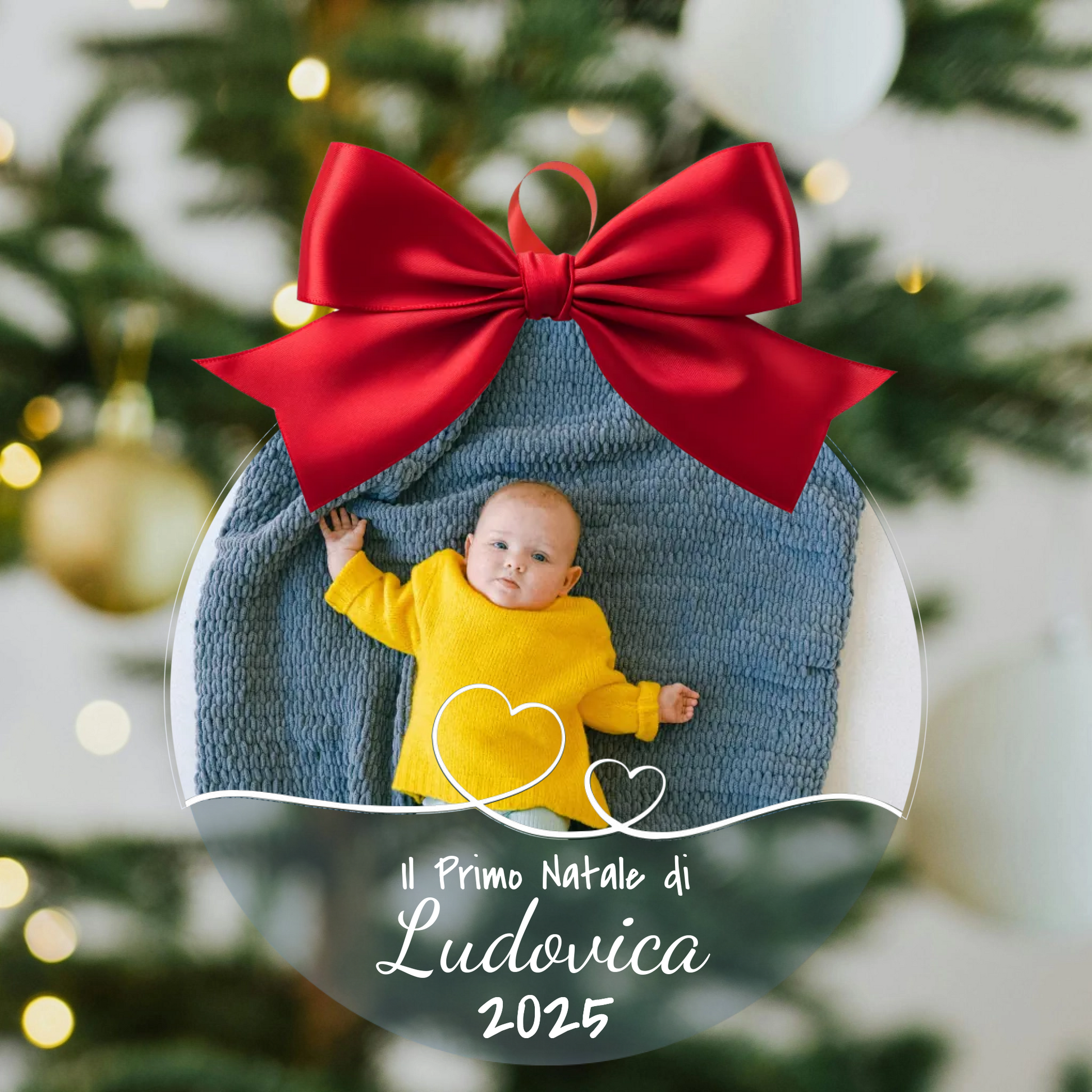 Pallina di Natale in Plexiglass, Decorazione Natalizia Personalizzata con Foto e Cuori Lineart – Idea Addobbo per l’Albero, Regalo Primo Natale, Nascita, Neo Genitori 