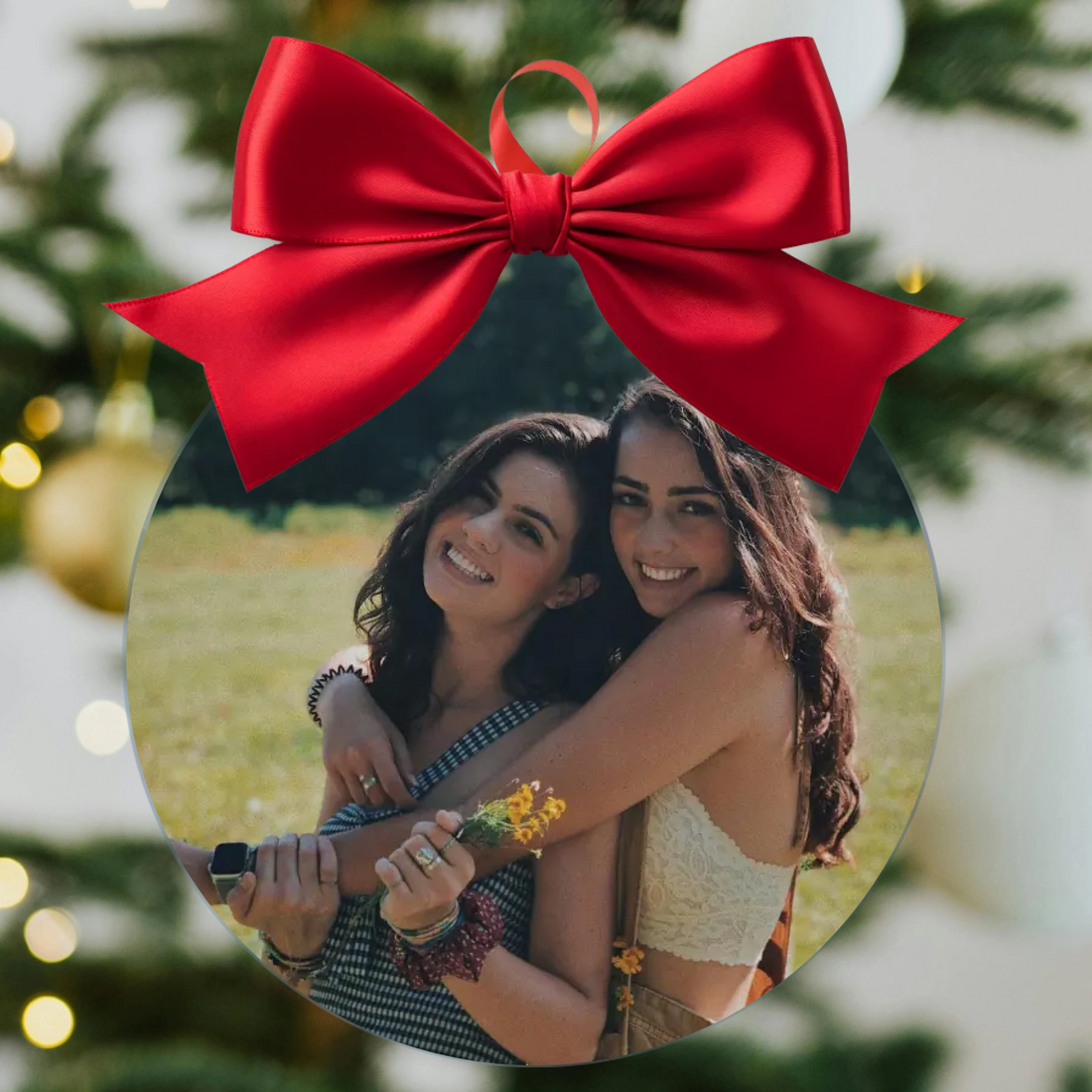 Pallina plexiglass Personalizzata con Foto, Fiocco Rosso – Idea Regalo Natale Amici- Decorazione di Natale 