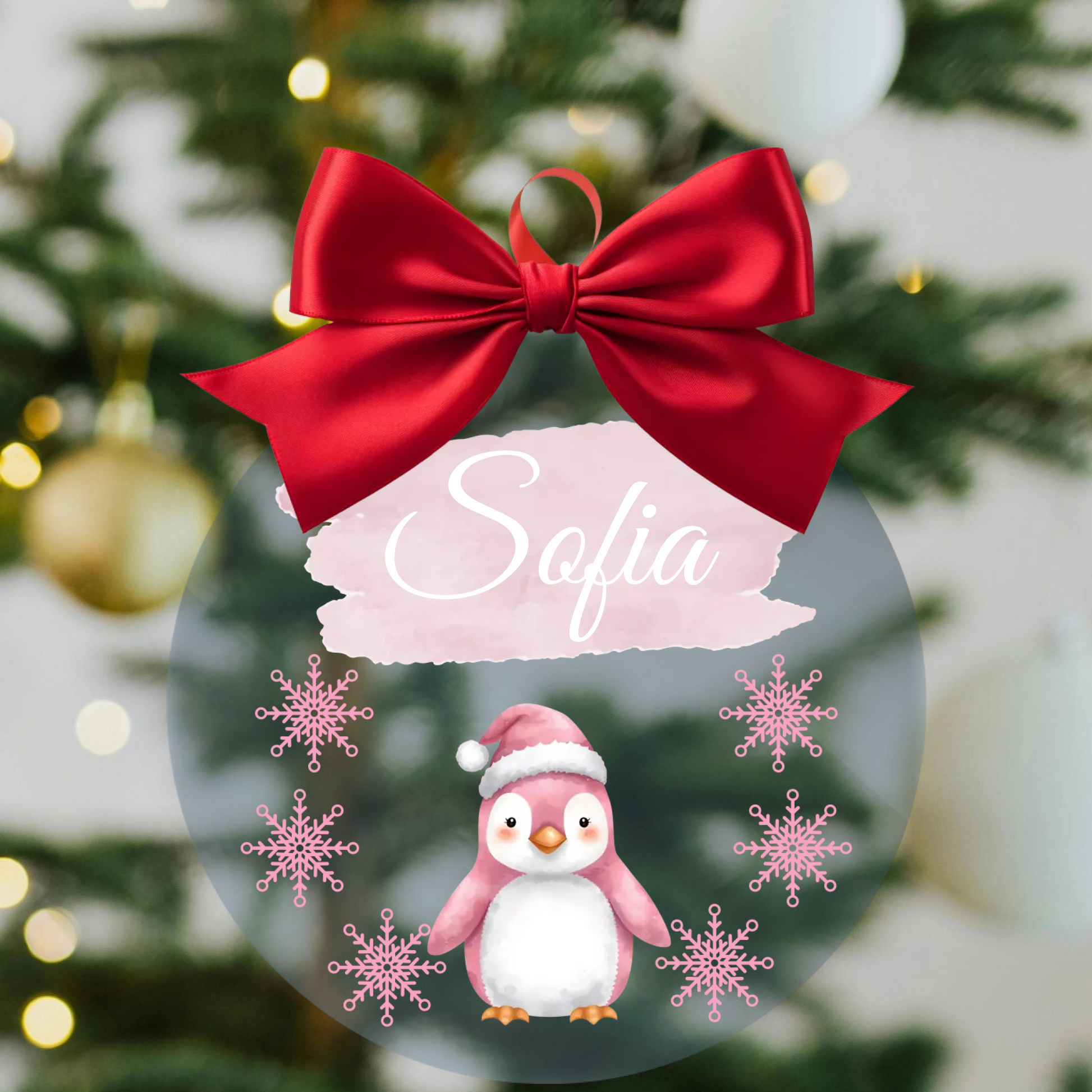Decorazione per l’Albero di Natale Personalizzata con Nome, pinguino e fiocchi di neve – Regali Natale Amica, Zia, Mamma, Nonna, Sorella 