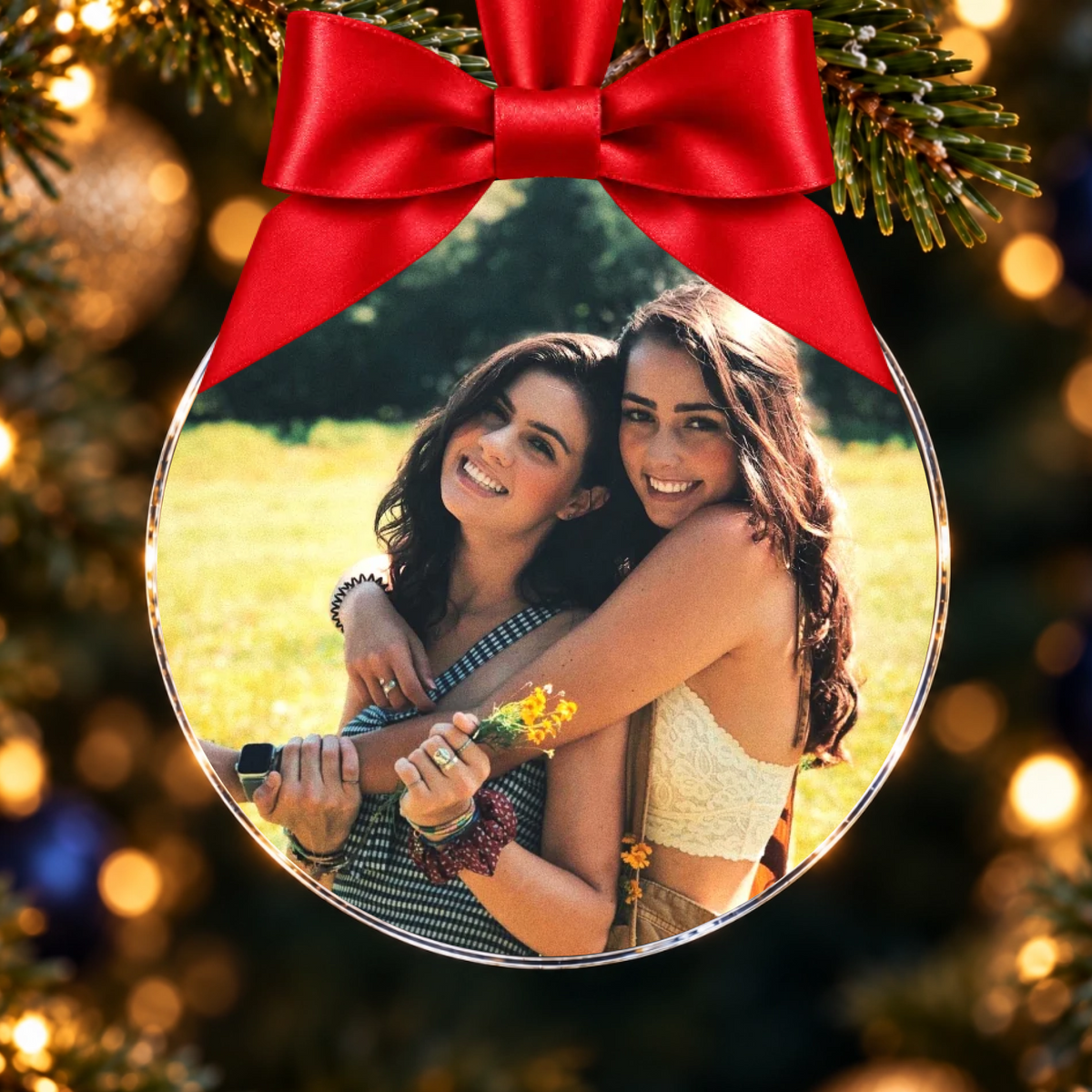 Pallina plexiglass Personalizzata con Foto, Fiocco Rosso – Idea Regalo Natale Amici- Decorazione di Natale 