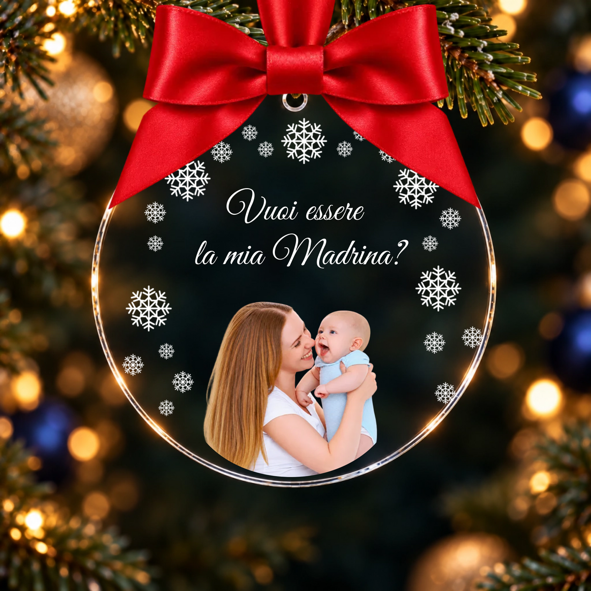 Pallina di Natale in Plexiglass, Decorazione Natalizia Personalizzata con Foto e Fiocchi di Neve “Vuoi Essere la Mia Madrina?” – Idea Addobbo per l’Albero, Regalo Natale Madrina, Padrino 
