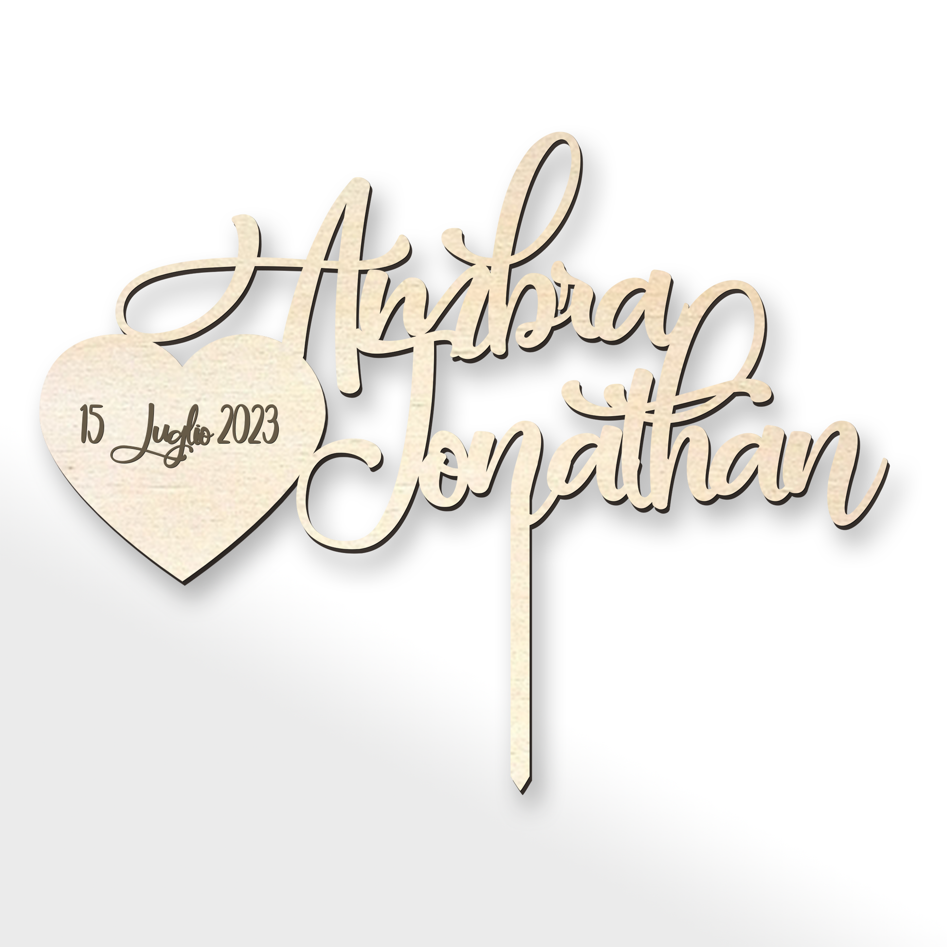 Cake topper in legno con Nome degli sposi e cuore con la Data Idea's Cottage