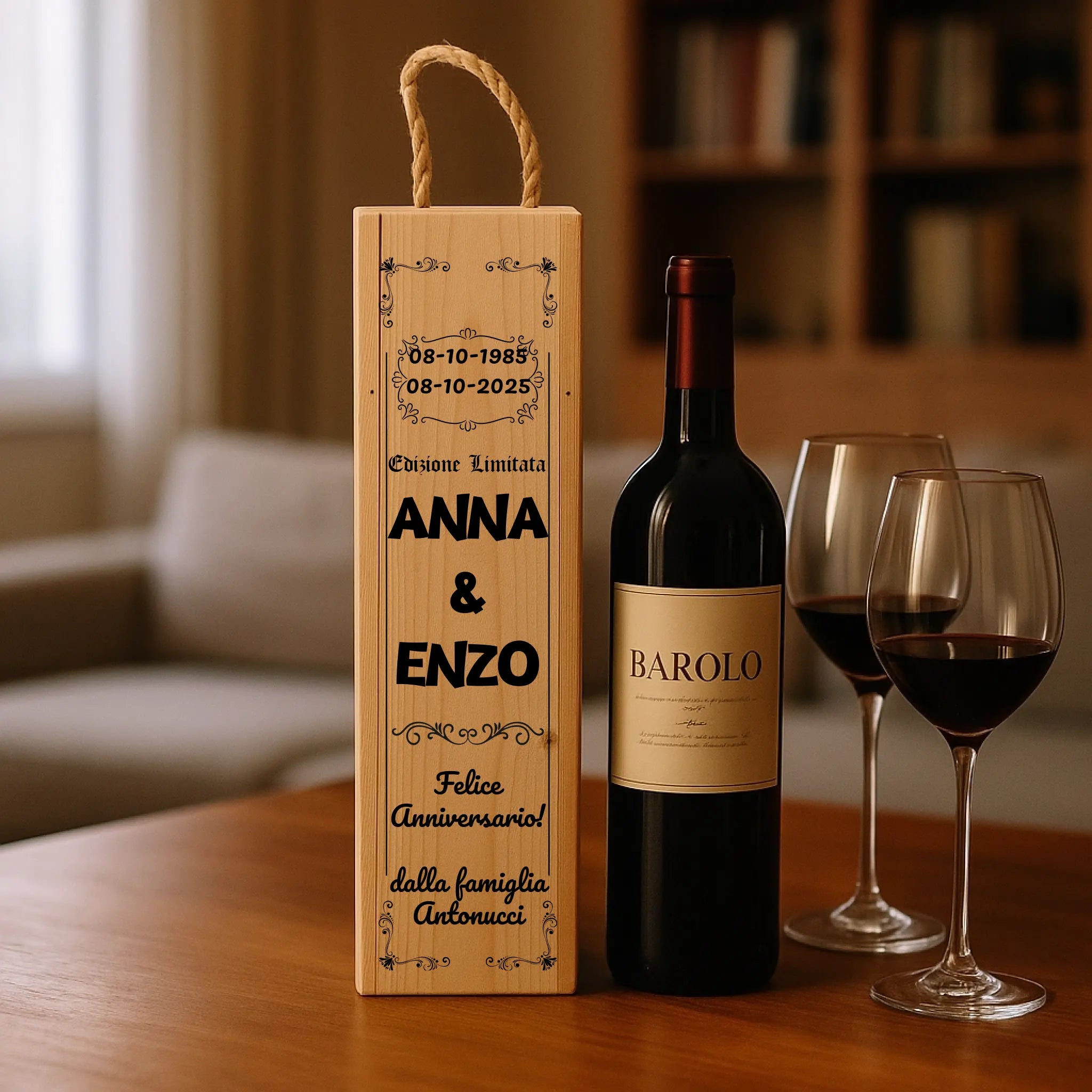 Cassetta Porta Vino in Legno Stile Vintage Personalizzata con Nomi, Data e Dedica – Idea Regalo Anniversario 