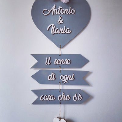 Cuore Frecce love in legno con nomi e frase Idea's Cottage