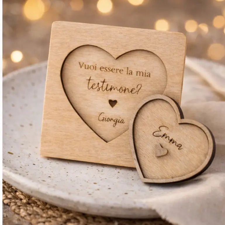 Cuore con richiesta ai testimoni, annuncio a sorpresa in legno 