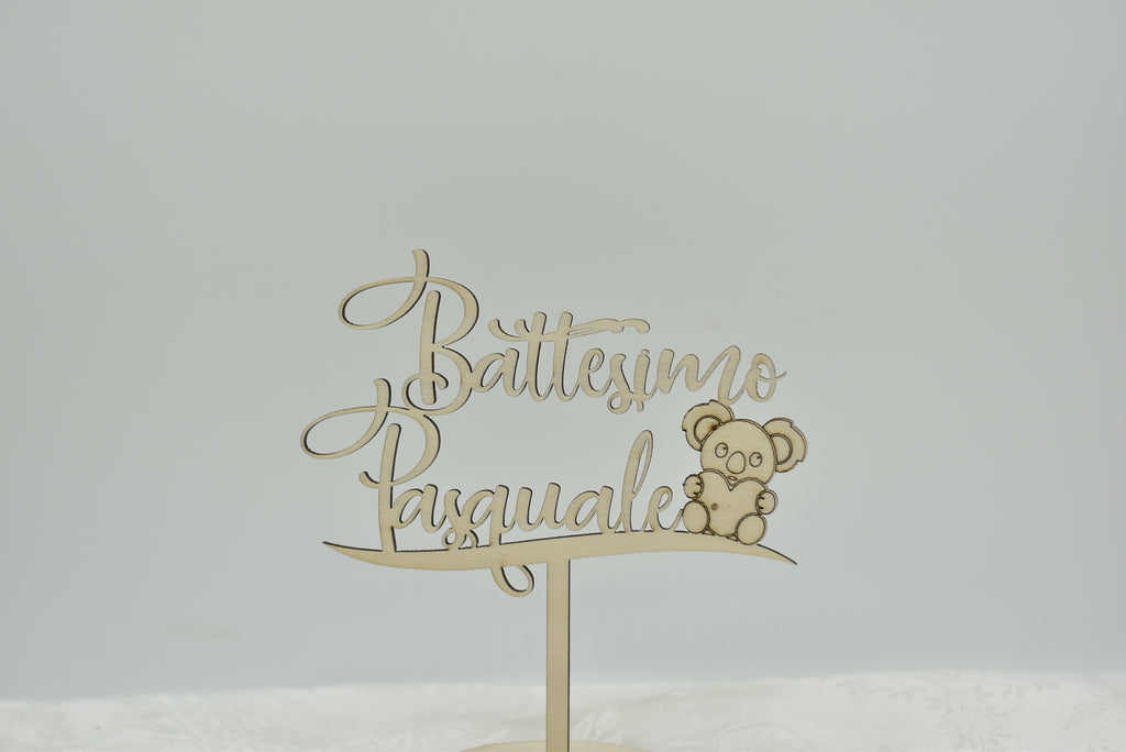 Cake topper in legno personalizzato tema koala per battesimo Idea's Cottage
