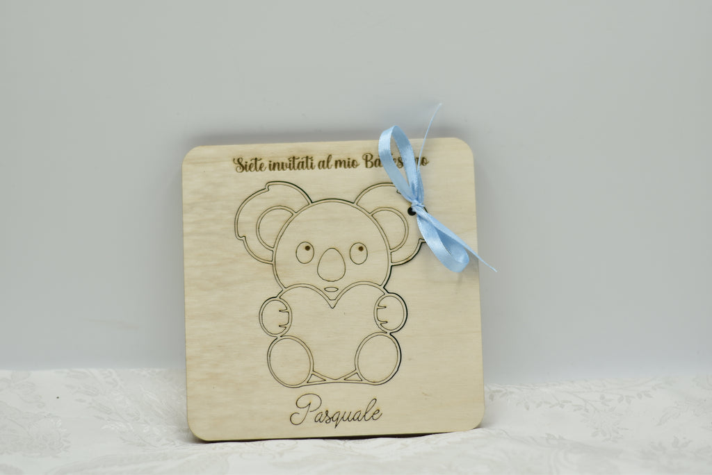 Invito in legno tema Koala per nascita battesimo compleanno Idea's Cottage