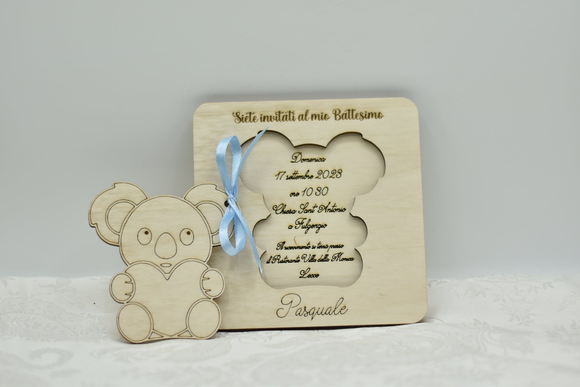 Invito in legno tema Koala per nascita battesimo compleanno Idea's Cottage