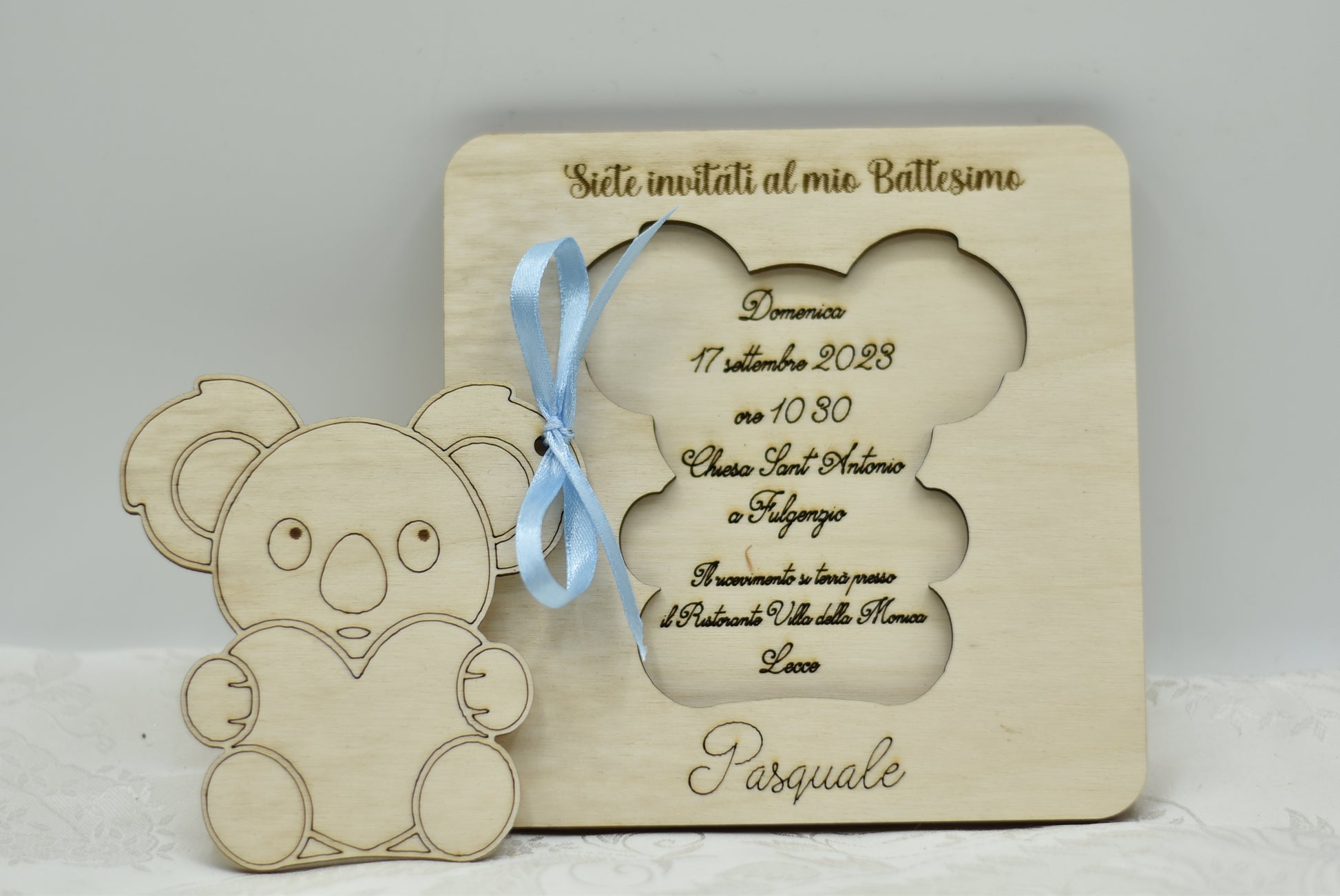 Invito in legno tema Koala per nascita battesimo compleanno Idea's Cottage