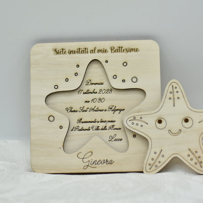 Invito in legno tema stella marina per nascita battesimo compleanno Idea's Cottage
