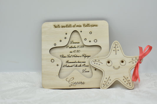 Invito in legno tema stella marina per nascita battesimo compleanno Idea's Cottage