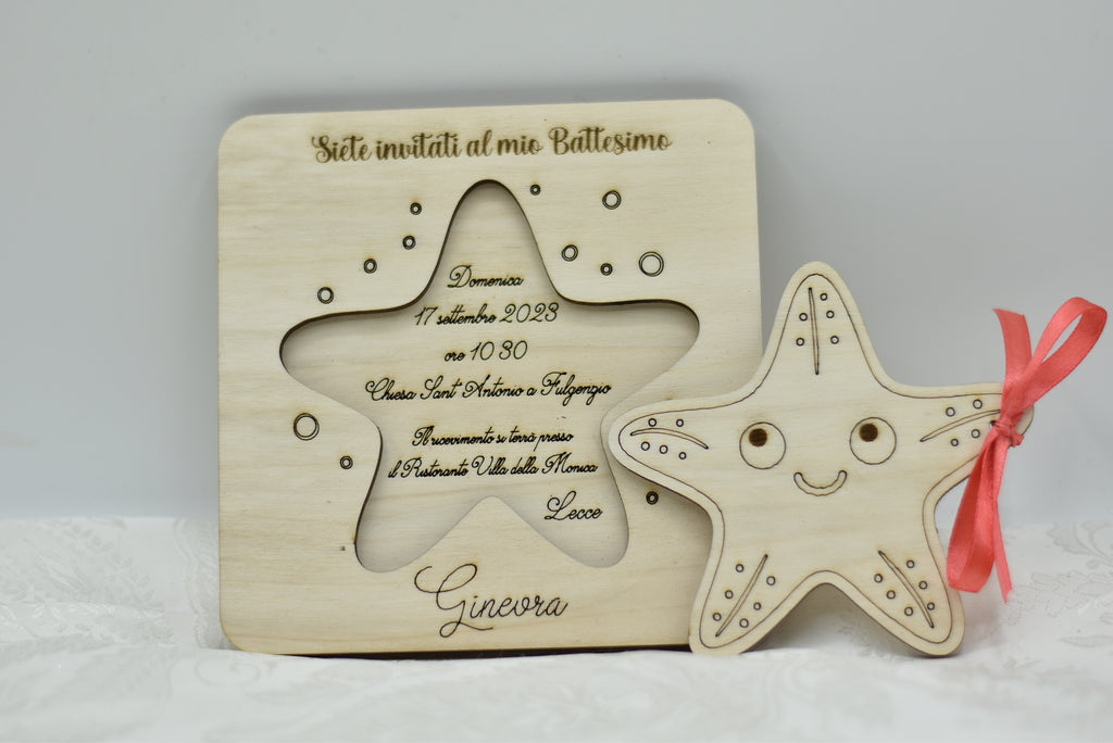 Invito in legno tema stella marina per nascita battesimo compleanno Idea's Cottage