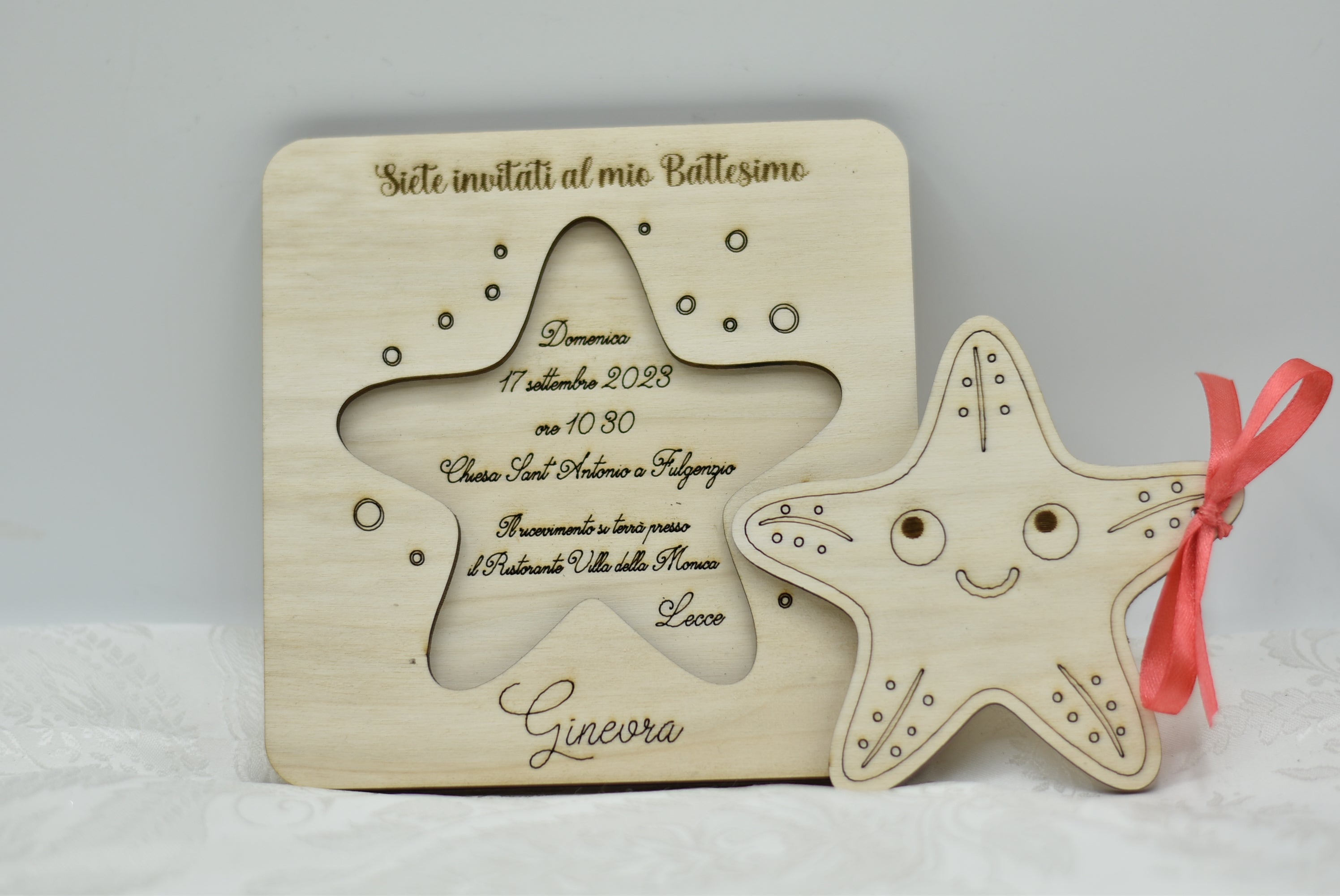 Invito in legno tema stella marina per nascita battesimo compleanno Idea's Cottage