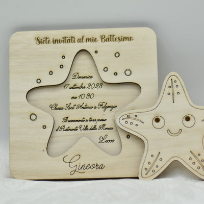 Invito in legno tema stella marina per nascita battesimo compleanno Idea's Cottage