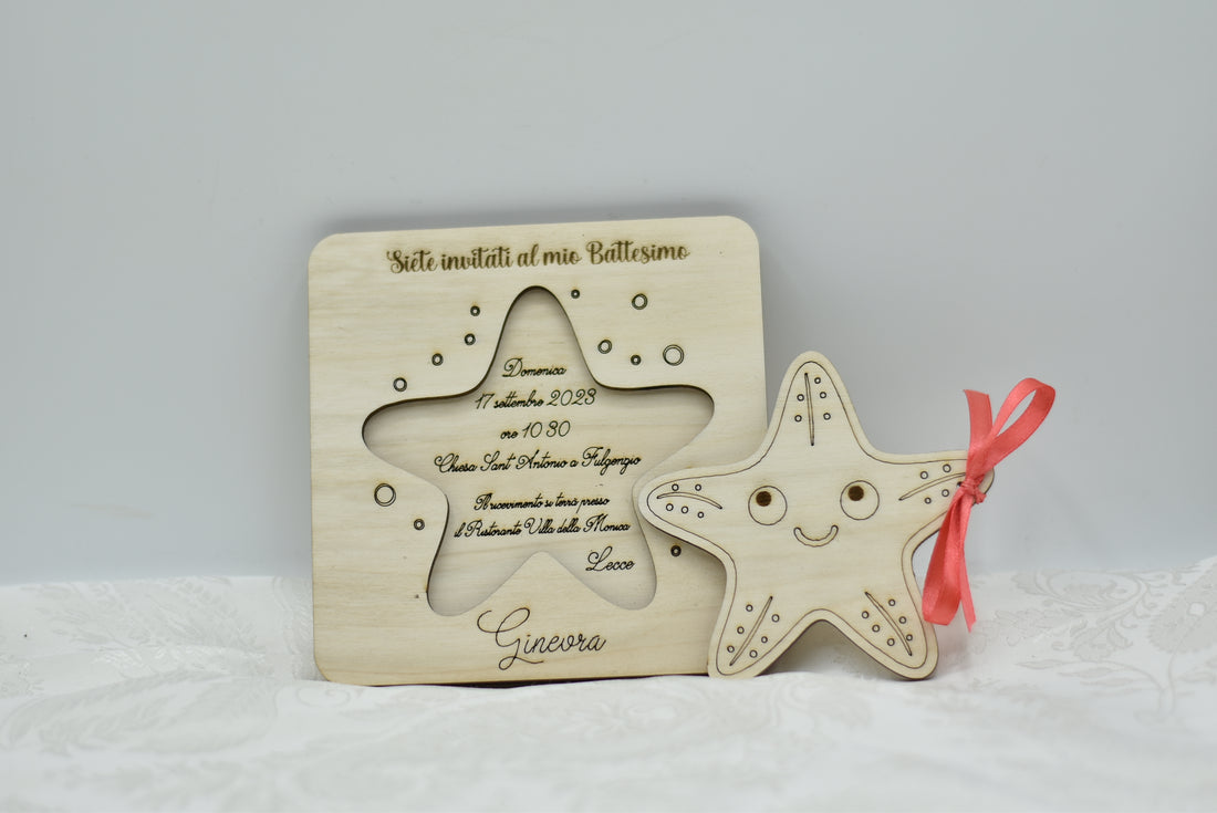 Invito in legno tema stella marina per nascita battesimo compleanno Idea's Cottage