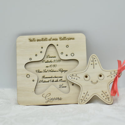 Invito in legno tema stella marina per nascita battesimo compleanno Idea's Cottage