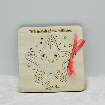 Invito in legno tema stella marina per nascita battesimo compleanno Idea's Cottage