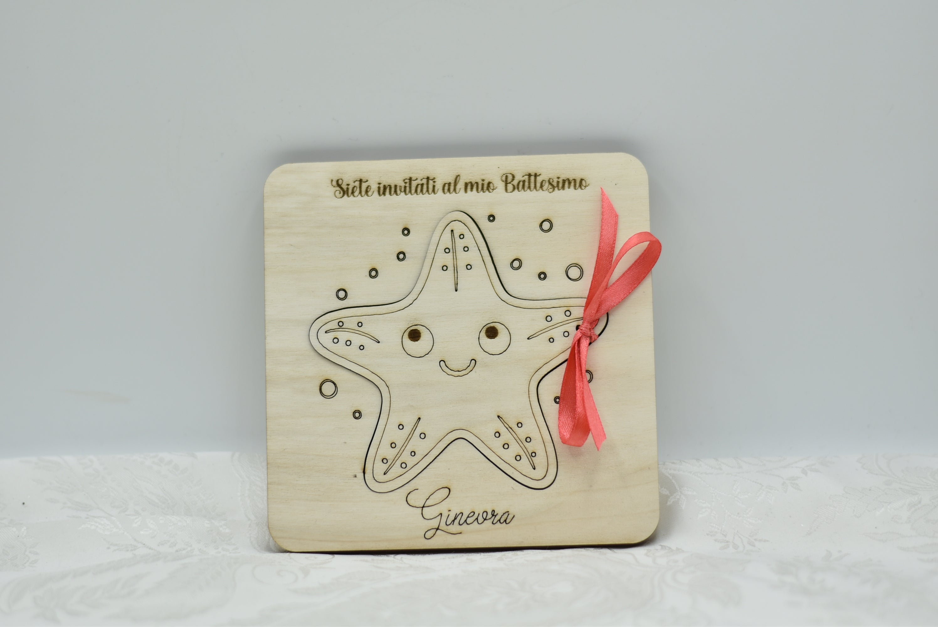 Invito in legno tema stella marina per nascita battesimo compleanno Idea's Cottage