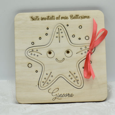 Invito in legno tema stella marina per nascita battesimo compleanno Idea's Cottage