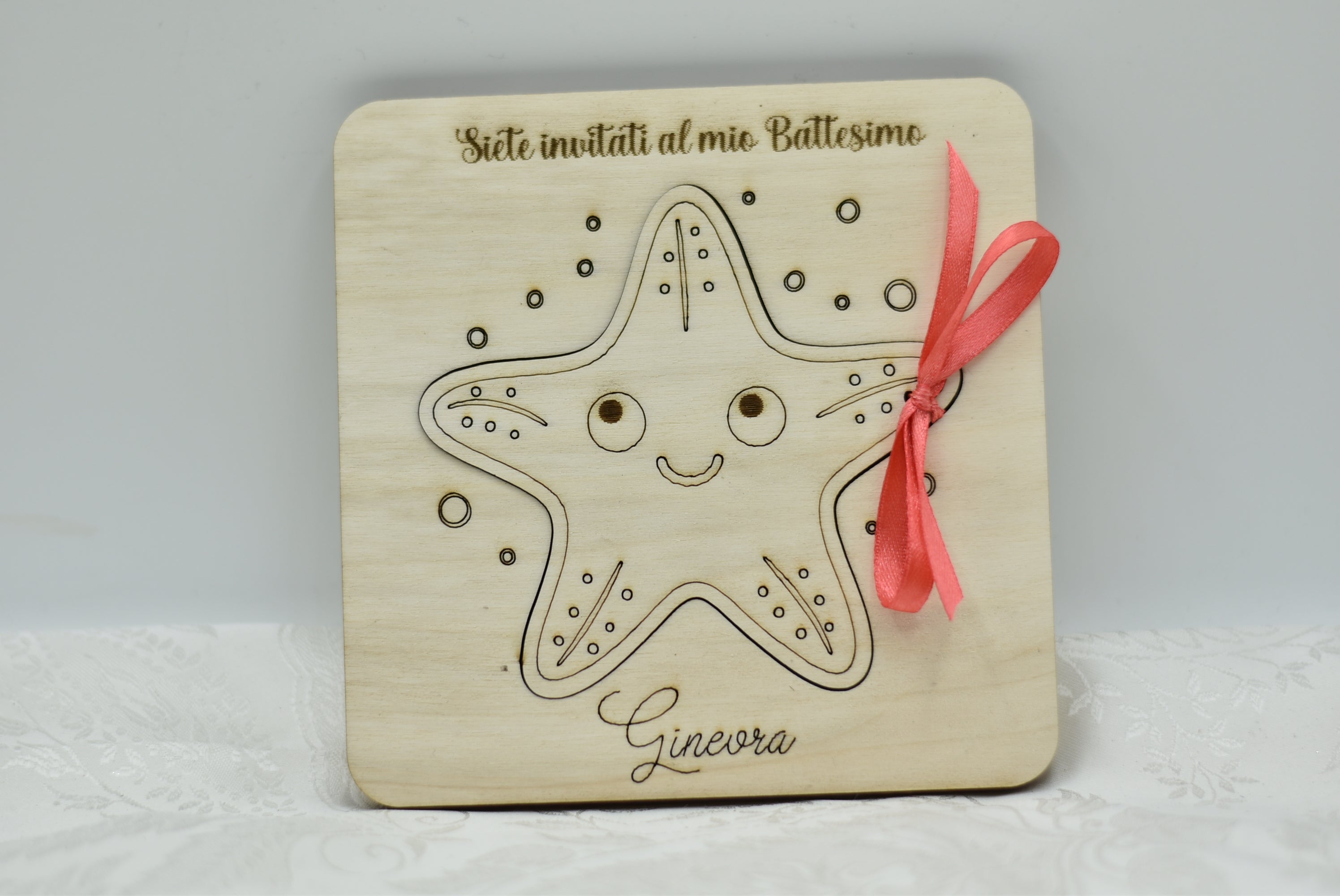 Invito in legno tema stella marina per nascita battesimo compleanno Idea's Cottage