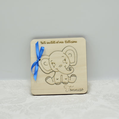 Invito in legno tema elefantino per nascita battesimo compleanno Idea's Cottage