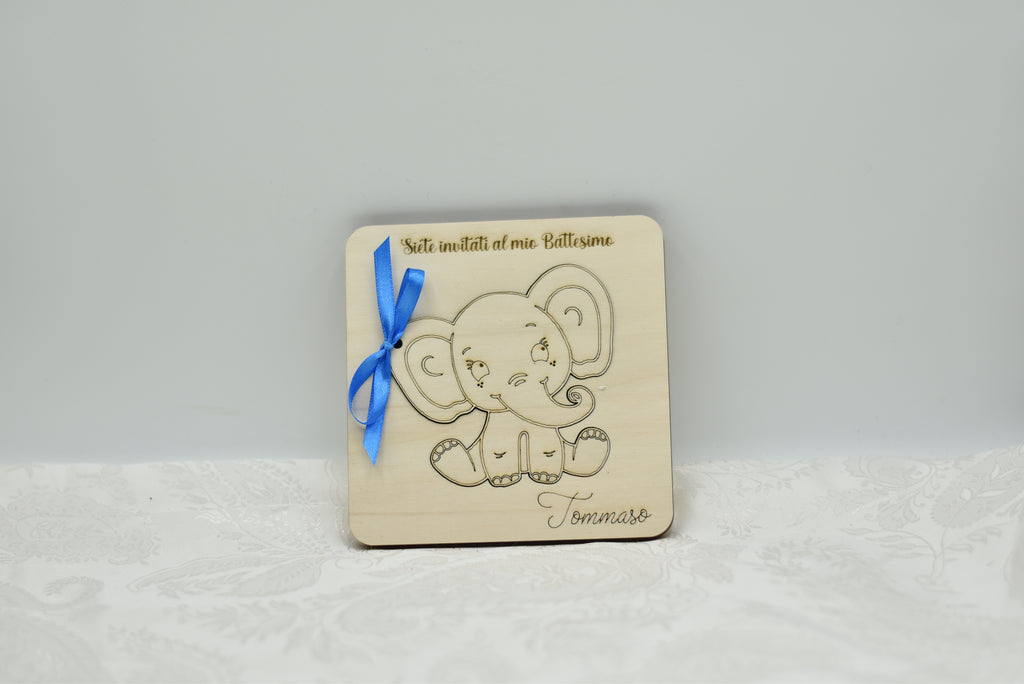 Invito in legno tema elefantino per nascita battesimo compleanno Idea's Cottage