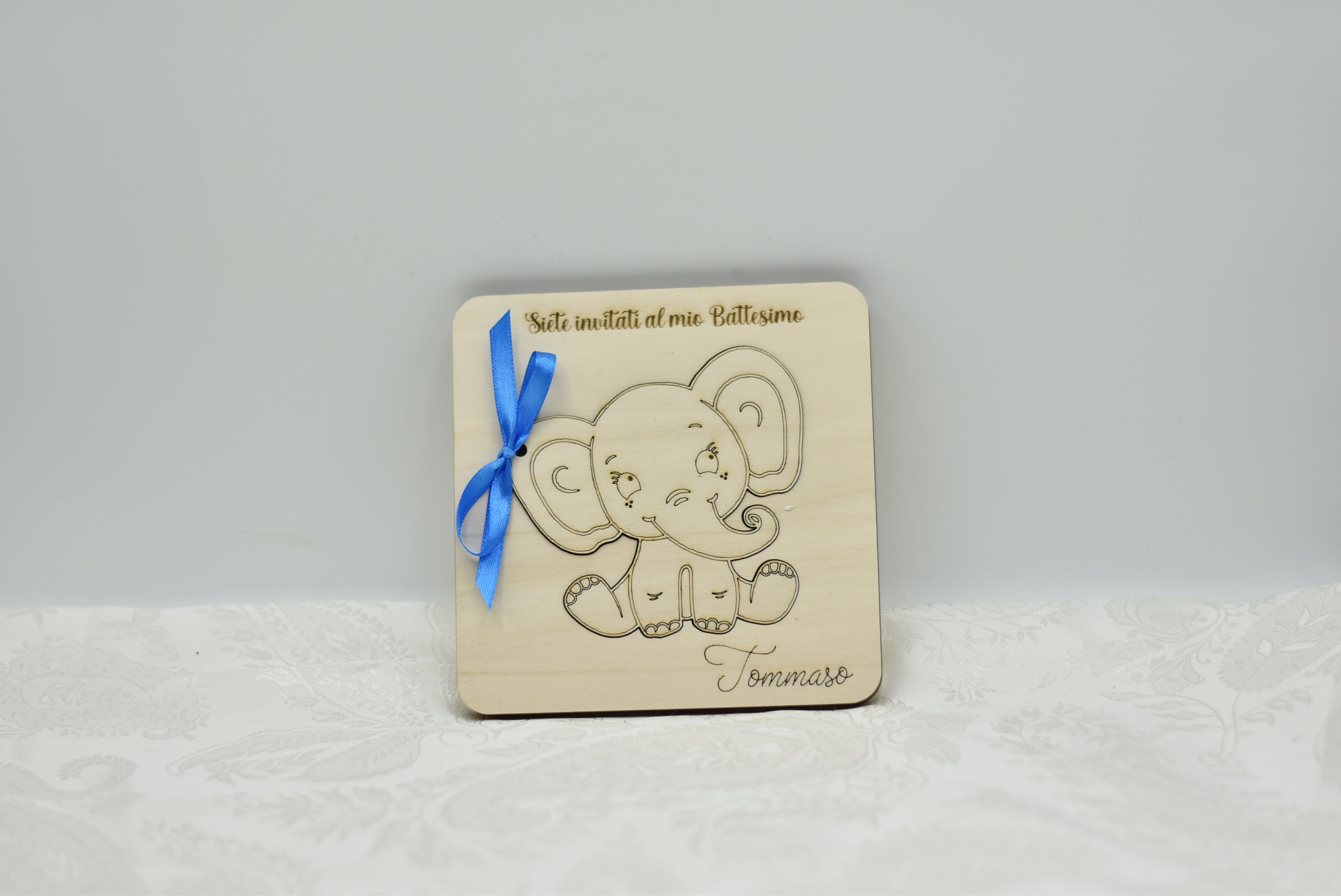 Invito in legno tema elefantino per nascita battesimo compleanno Idea's Cottage