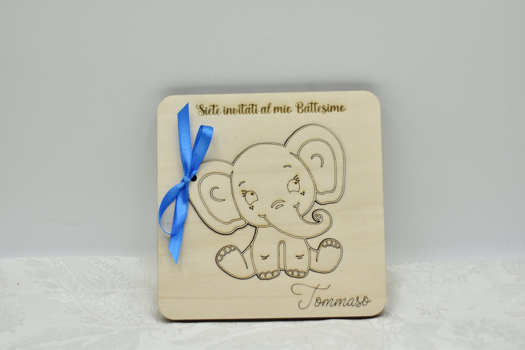 Invito in legno tema elefantino per nascita battesimo compleanno Idea's Cottage