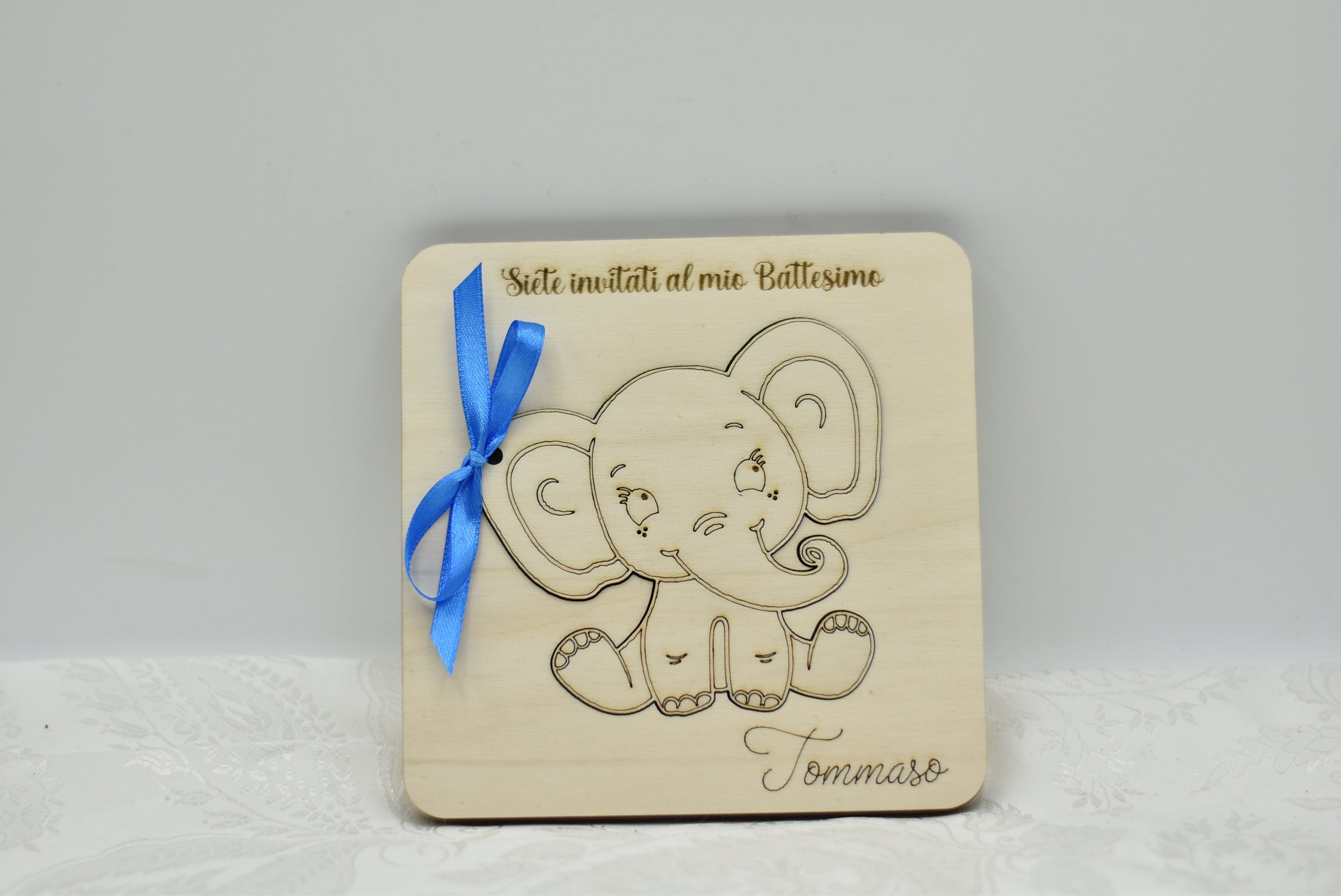 Invito in legno tema elefantino per nascita battesimo compleanno Idea's Cottage