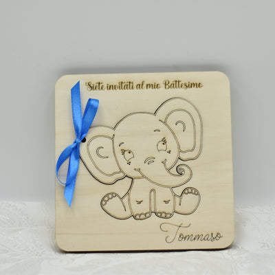 Invito in legno tema elefantino per nascita battesimo compleanno Idea's Cottage