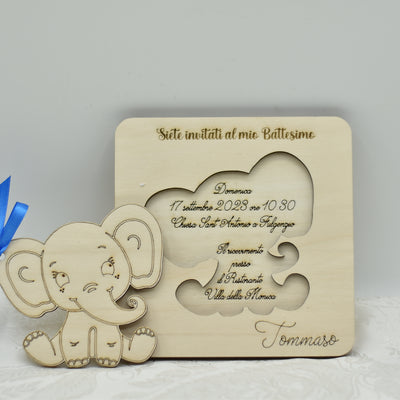 Invito in legno tema elefantino per nascita battesimo compleanno Idea's Cottage
