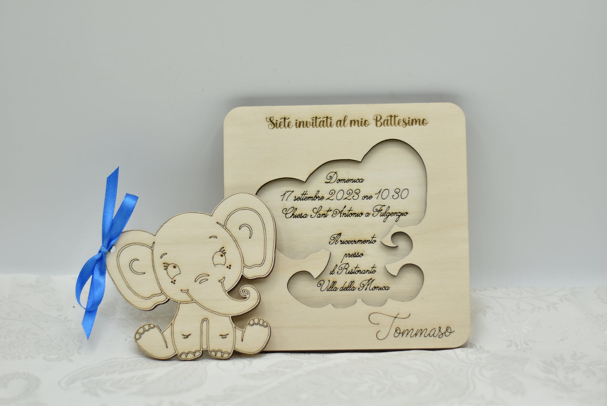 Invito in legno tema elefantino per nascita battesimo compleanno Idea's Cottage