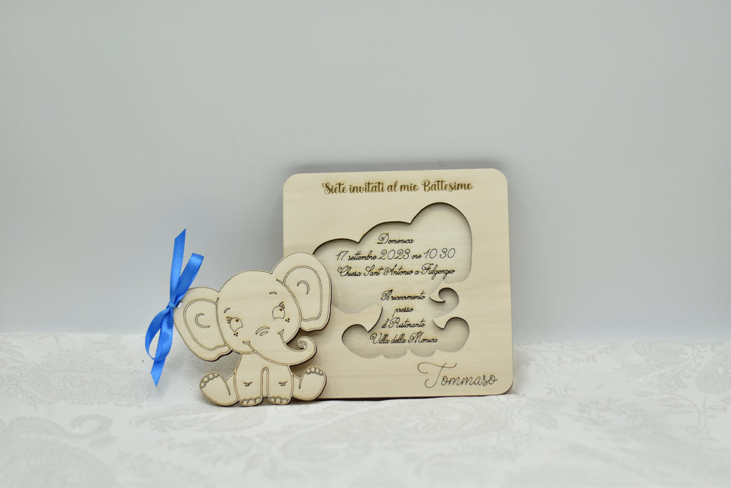 Invito in legno tema elefantino per nascita battesimo compleanno Idea's Cottage