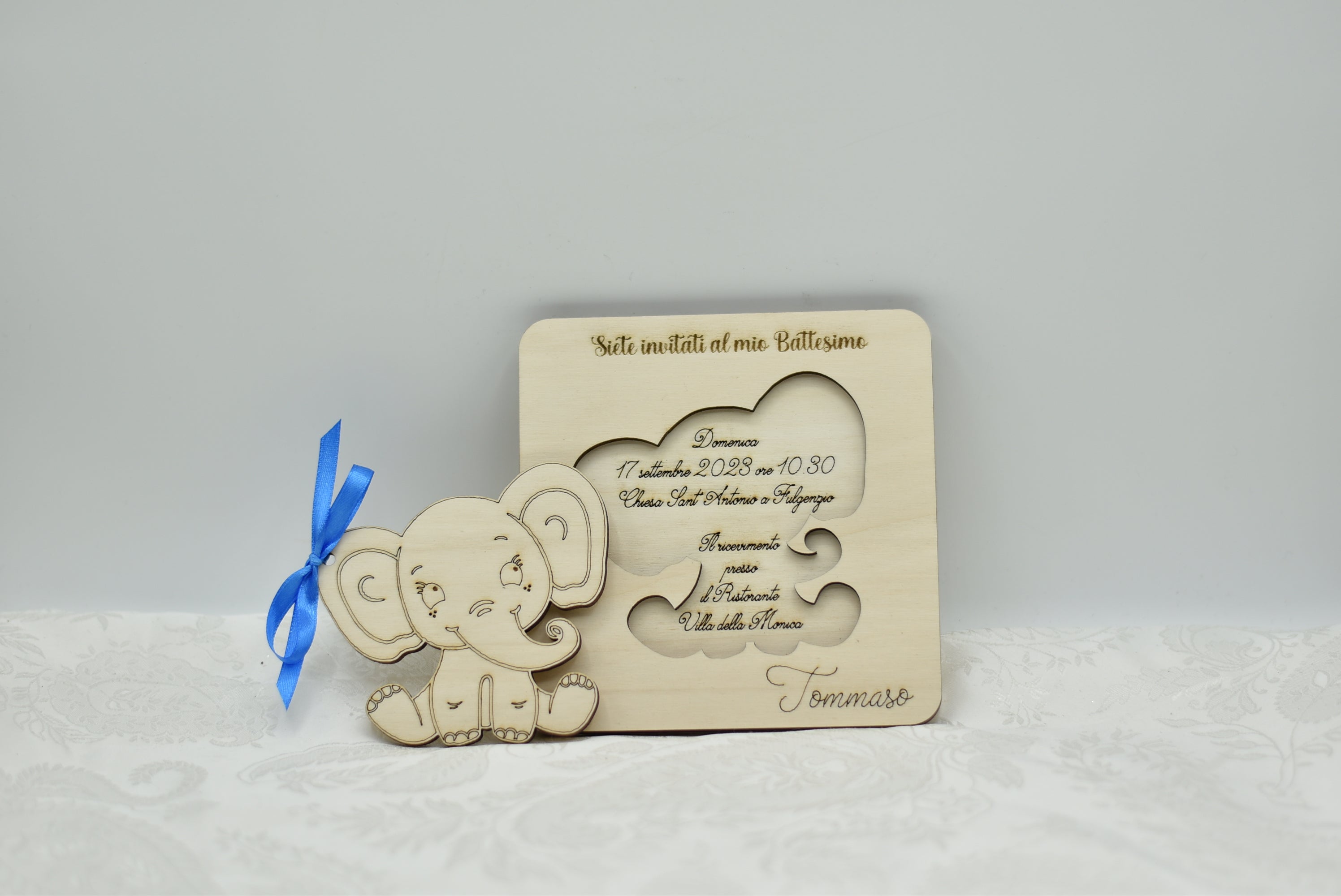 Invito in legno tema elefantino per nascita battesimo compleanno Idea's Cottage