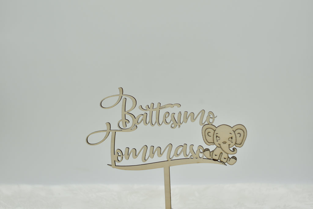 Cake topper in legno tema Elefantino per battesimo Idea's Cottage