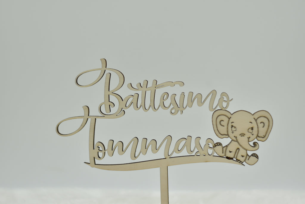 Cake topper in legno tema Elefantino per battesimo Idea's Cottage