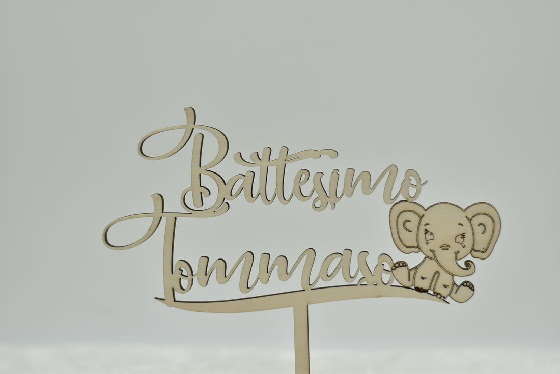 Cake topper in legno tema Elefantino per battesimo Idea's Cottage
