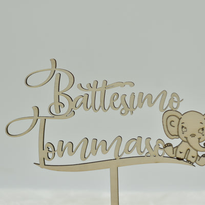 Cake topper in legno tema Elefantino per battesimo Idea's Cottage