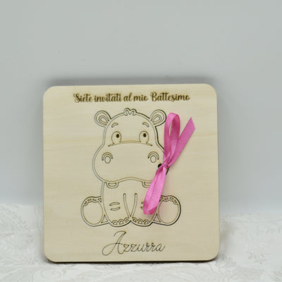 Invito in legno tema Hippo per nascita battesimo compleanno Idea's Cottage