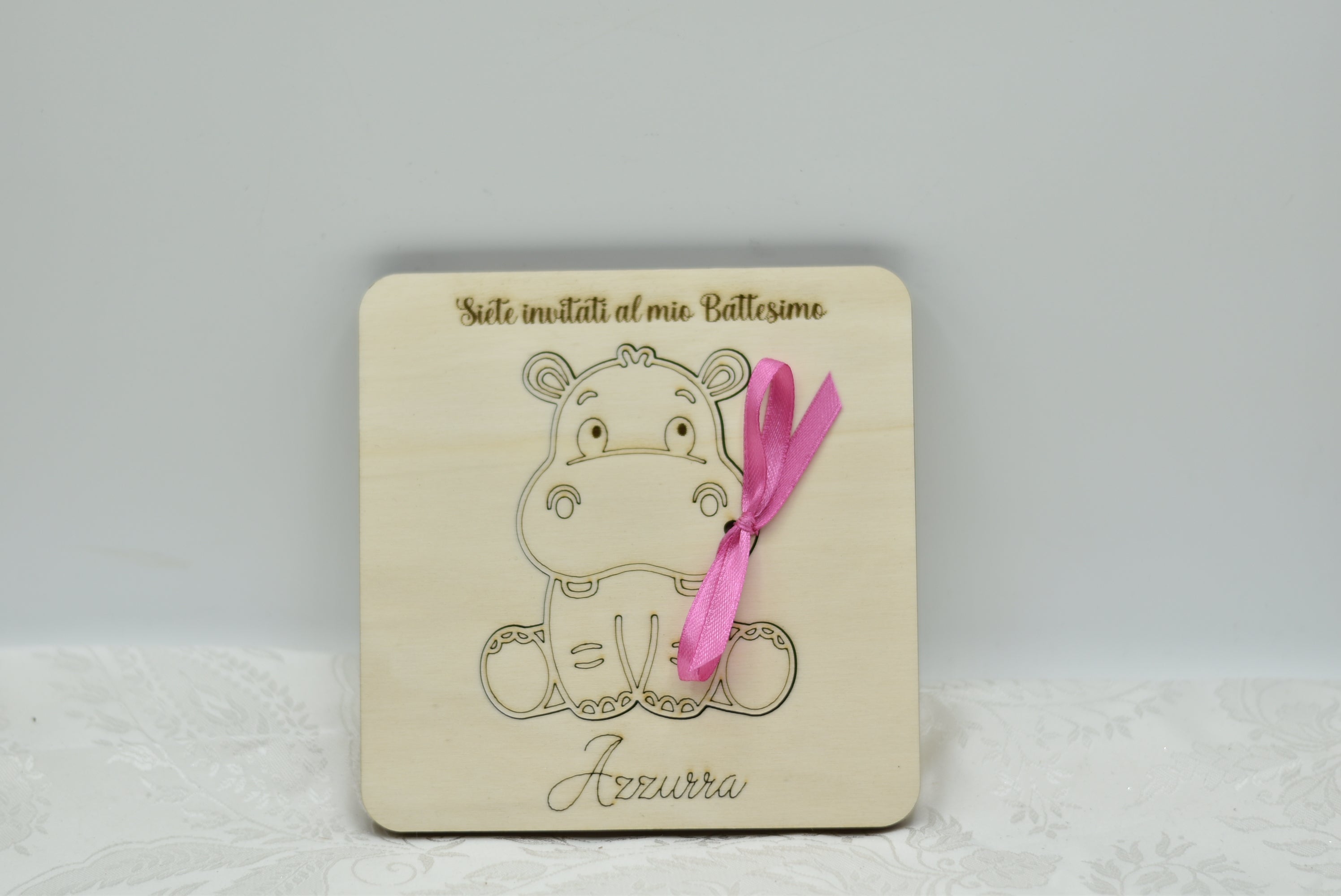 Invito in legno tema Hippo per nascita battesimo compleanno Idea's Cottage